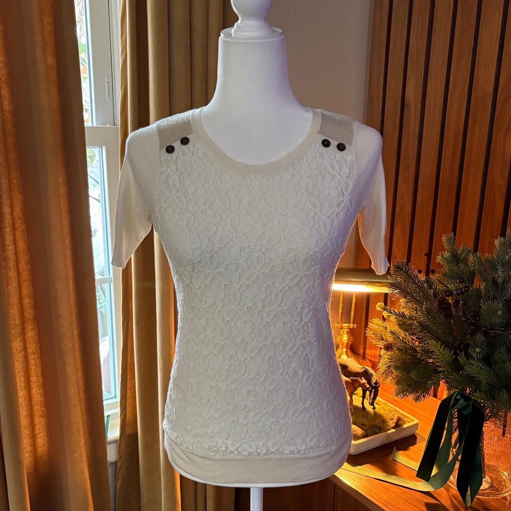 The Limited Womens XS White Lace Front Sweater Metallic Gold Shoulder Button Top